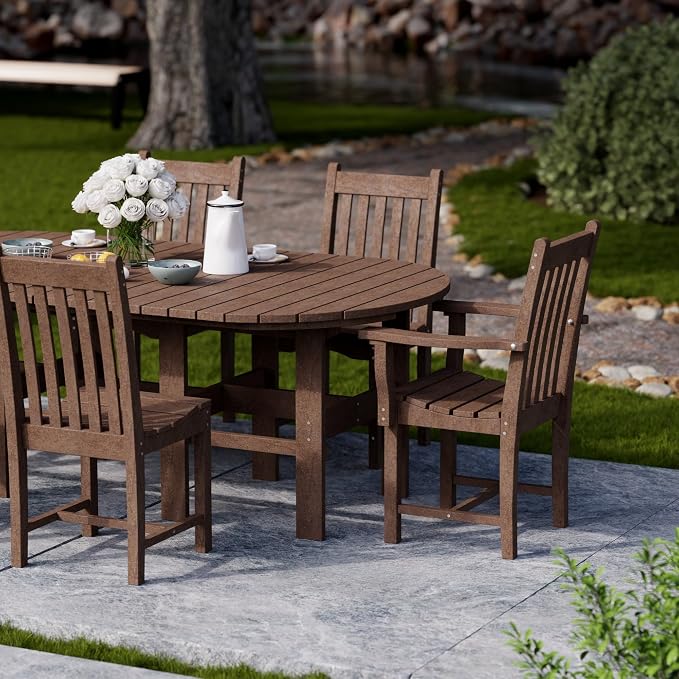 Wildridge Classic 7-Piece 44"x84" Dining Set, Tudor Brown - Outdoor Weather Resistant Recycled Plastic Furniture for Patio