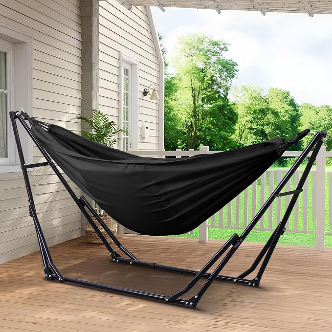 Ainfox Hammock with Foldable Stand, 2 in 1 Hammock and Swinging Chair with Carrying Bag, Portable Camping Chair Suitable for Outside, Swing,Patio,Garden,Camping Trip Black