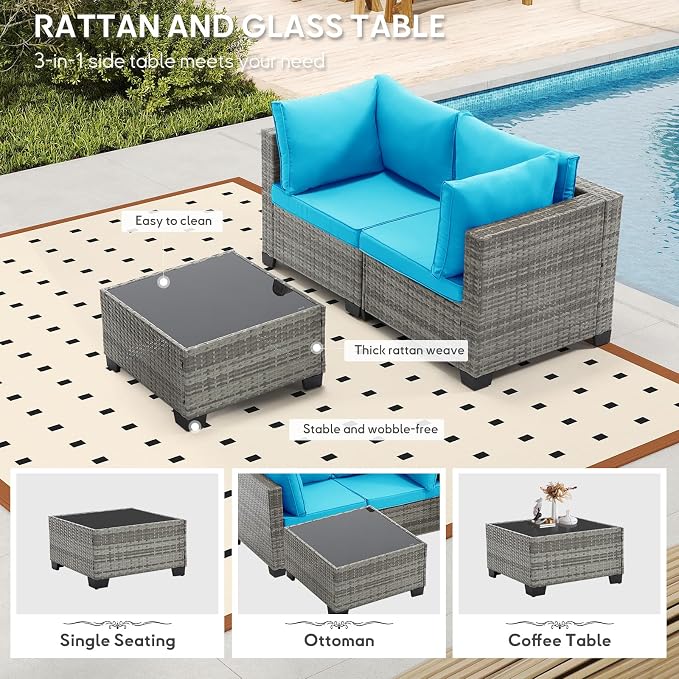 Bonzy Home 3 Pieces Outdoor Patio Furniture Set, PE Rattan Outdoor Sectional Furniture Sofa Set with Removable Cover and Glass Coffee Table, Patio Sofa for Balcony, Porch, Garden, (Grey-Turk Blue)