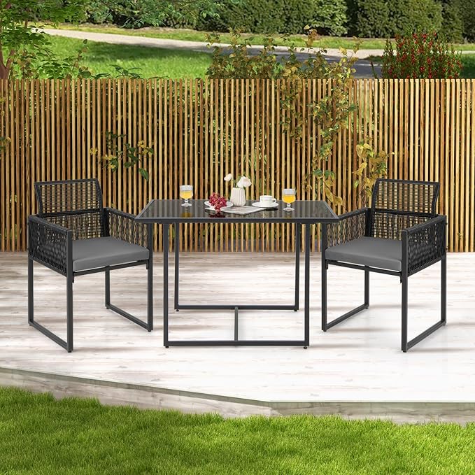 DORTALA Wicker Outdoor Bistro Set 3 Piece, Small Patio Furniture Dining Set with with Cushions, Tempered Glass Tabletop, All- Weather Table and Chairs for Backyard, Balcony, Poolside, Black+Grey