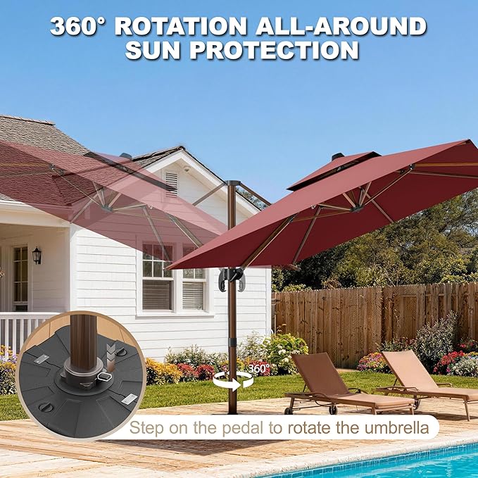 10x13FT Cantilever Outdoor Patio Umbrellas, Double Top Wood Pattern Rectangle Umbrella, Heavy Duty 360°Rotation Offset Umbrella for Garden Deck Pool Patio, Red