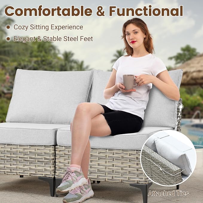7 Pieces Wicker Patio Furniture Set,Outdoor Sectional Sofa with Coffee Table Comfy Cushions,Modern Modular Deep Seat Rattan Couch Conversation Set,Light Grey