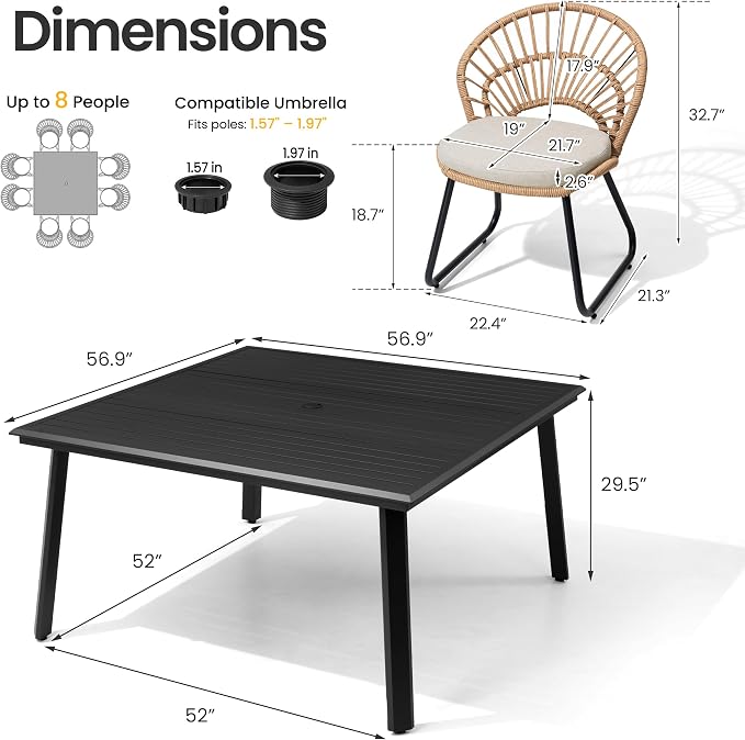 9 Piece Aluminum Square Patio Dining Set with Rattan Outdoor Chairs | 56.9" Large Outdoor Dining Table with Umbrella Hole, 8 Shell Shaped Rattan Patio Chairs with Beige Cushions for Garden Deck