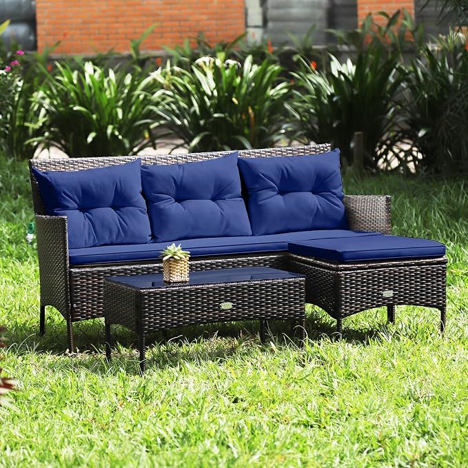 HAPPYGRILL 3 Piece Outdoor Rattan Conversation Set Patio Furniture Set with Tempered Glass Coffee Table, 5 Elastic Seat & Back Cushions, Sectional Sofa Set for Poolside Balcony Backyard