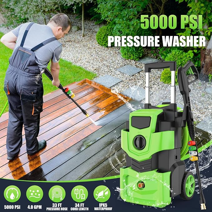 Pressure Washer 5000 PSI Adjustable Pressure, Power Washer Powered with 33ft Pressure Hose, 4 Nozzles and 500ml Foam Cannon, Powerwashers for Home, Green