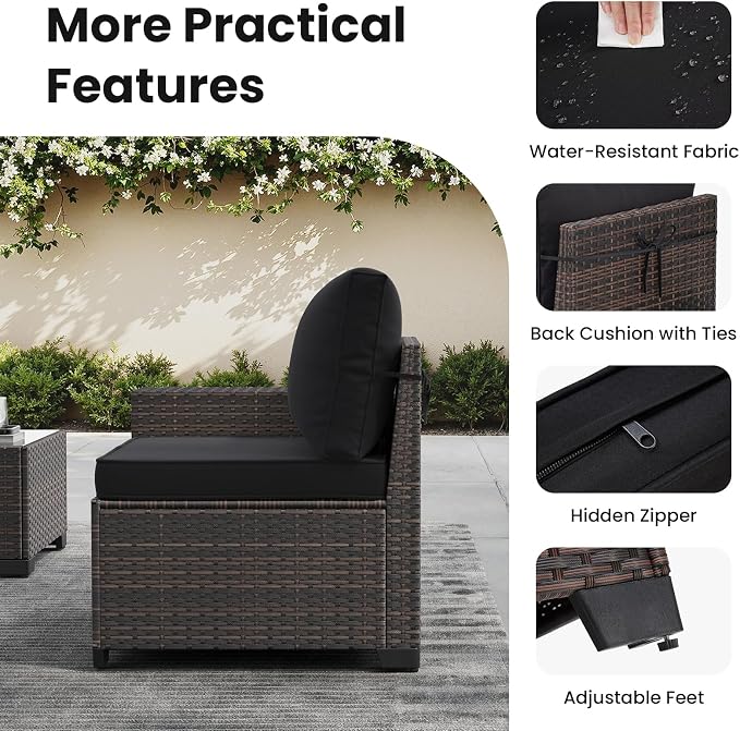 Soohow 6-Piece Patio Furniture Set All-Weather Outdoor Wicker Sectional Conversation Set with Cushion and Glass Table for Garden, Porch, Backyard, Black Cushions