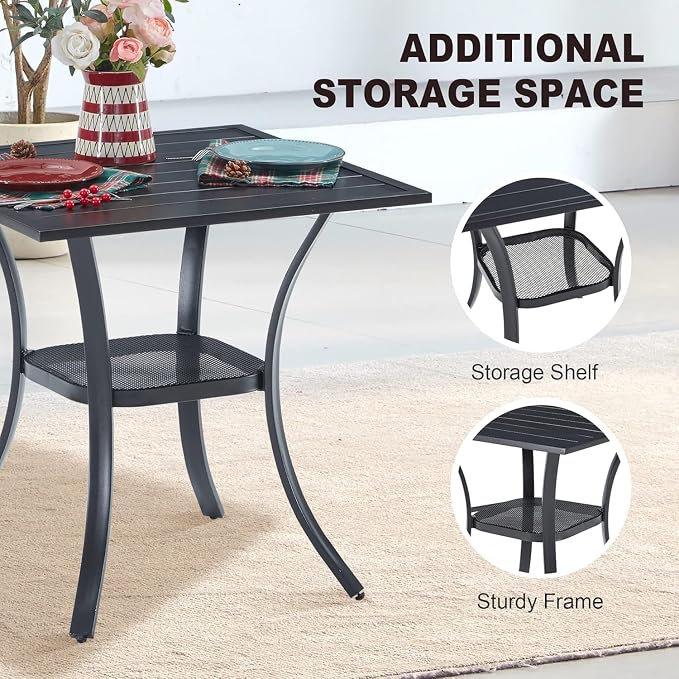 VICLLAX Patio 3 Pieces Outdoor Bistro Table Set, 28" Square Metal Table and 2 Swivel Textilene Chairs, Patio Dining Set for Patio, Lawn, Garden, Porch, Black/Dark Grey