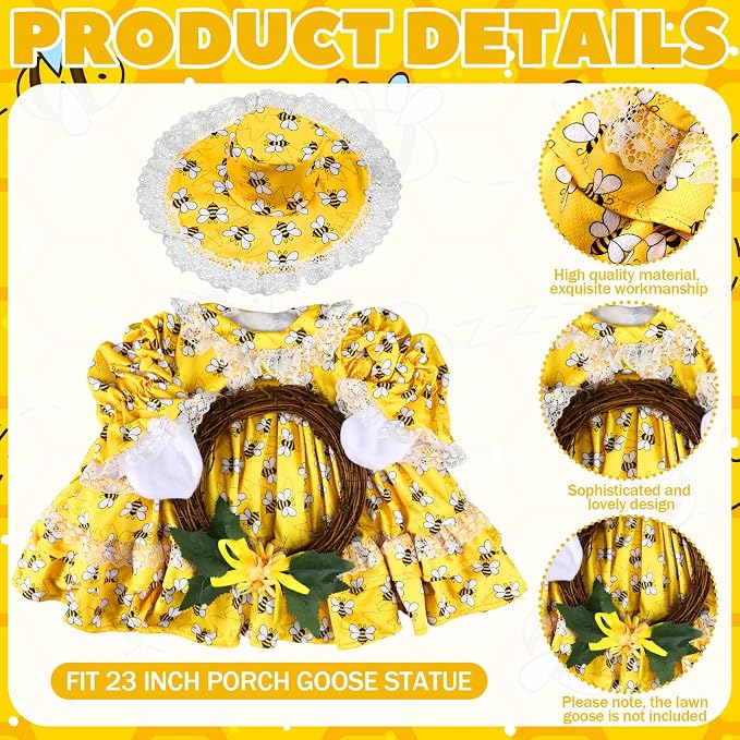 Soulchen 1 Set Summer Bee Porch Goose Outfit with Wreath 23 Inch Cement Goose Clothes Dress and Hat Costume Set for Spring Summer Holiday Lawn Garden Yard Decor