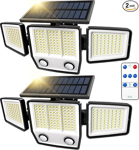 MDCMDCM Solar Motion Sensor Outdoor Lights Waterproof - 3000LM 3 Modes Security Lights Outdoor 270° Illumination IP65 LED Solar Flood Wall Light for Garden Yard Patio Pathway (with ‎Remote Control,2)