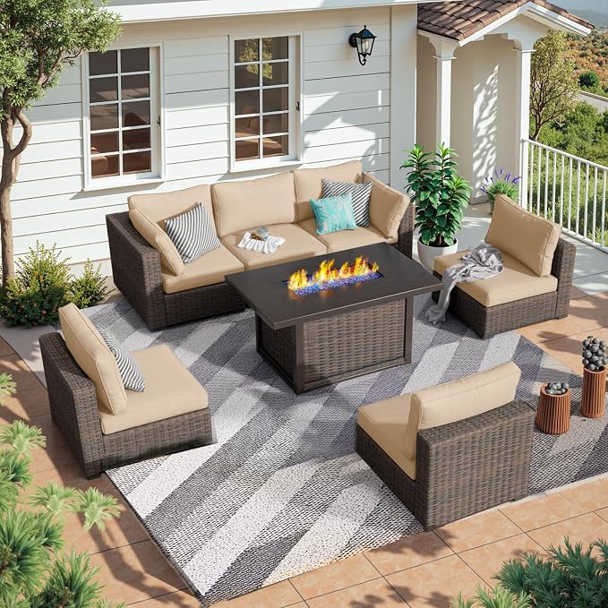 7 Pieces Patio Furniture Set with 44" Fire Pit Table, Rattan Outdoor Sectional Conversation Sets, All Weather Outdoor Furniture Set with Cushions for Garden Lawn Balcony Porch Deck Beige