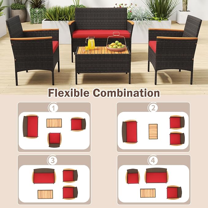 Tangkula 4 Pieces Patio Wicker Sofa Set, 2 Rattan Chairs & Loveseat w/Coffee Table, Acacia Wood Armrests & Tabletop, Outdoor Cushioned Conversation Set for Backyard, Poolside (Red, 4 Pieces)