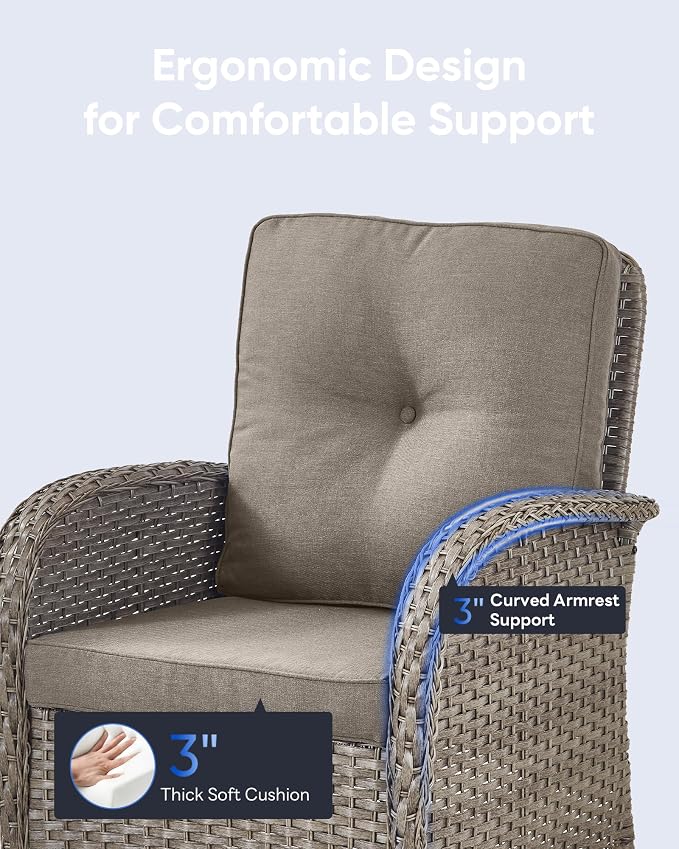 5 Pieces Outdoor Wicker Patio Furniture Set-High Back Outdoor Rocking Chairs Set of 2 with Ottoman Patio Conversation Sets for Deck Lawn Porch Balcony Poolside-Grey/Grey