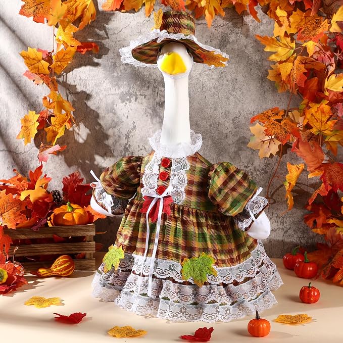 FuWeave Fall Porch Goose Outfit Maple Goose Costume Fancy Porch Geese Clothes with Wide Hat for 23" 17" Outdoor Patio