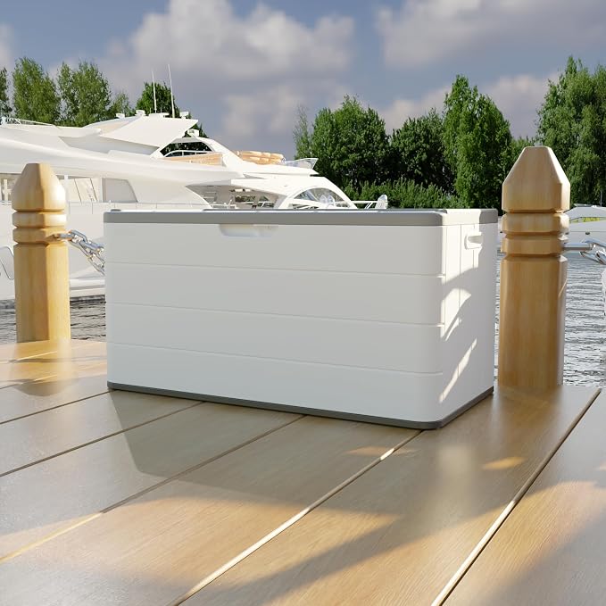 Mrosaa 110 Gallon Deck Box Waterproof,Double-Wall Resin Outdoor Storage Boxes, Deck Storage for boat slip storage,Cushions, Pool Float, Garden Tools,Patio Furniture, Lockable (OFF-WHITE)