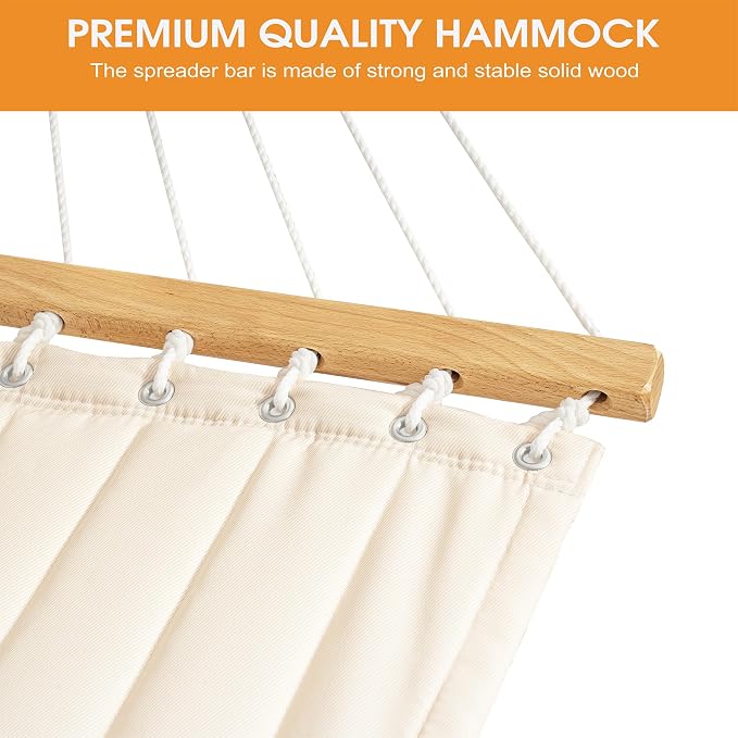 Lazy Daze Hammocks 12 FT Double Quilted Hammock with Wood Grain Curved Steel Stand for Outside, Backyard, Patio, 450 Lbs Capacity, Cream