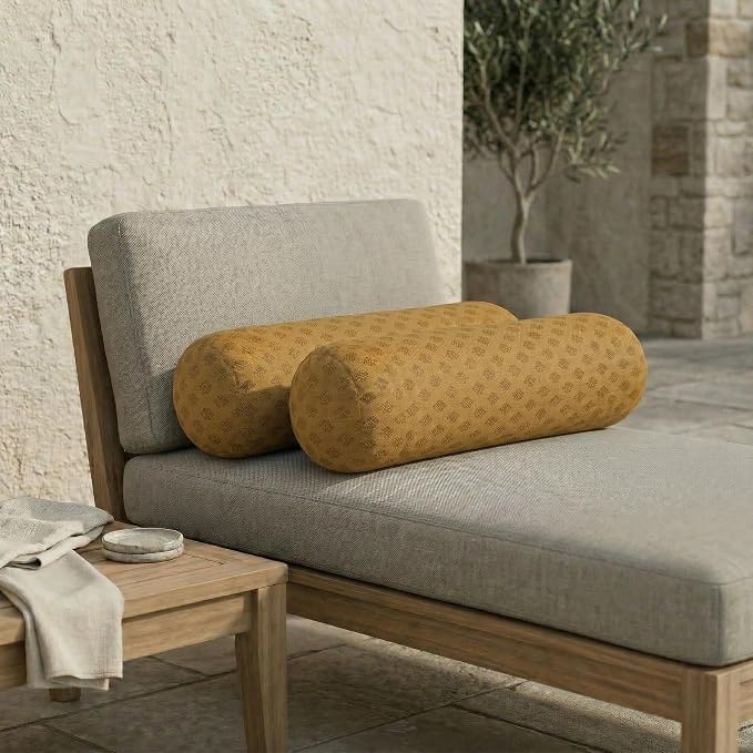 RSH DECOR: Sunbrella Neck Roll Pillows Set of 2 | 24” x 8” | Outdoor Bolster for Patio, Deck, Porch, or Poolside Chairs | Fade & Water-Resistant | Made in USA (Trinket Teak)