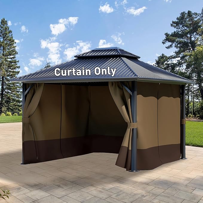 Aoodor 12x16 ft Outdoor Gazebo Curtains, 4 Panels Waterproof Privacy Sidewall Replacement with Zipper for Patio Pergola and Canopy, Brown and Coffee