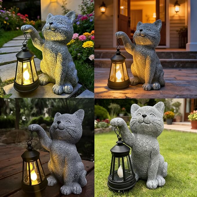 YODY Garden Statues Outdoor Garden Decor: Cat Statue with Solar Lantern for Yard Art Lawn Ornaments Porch Patio Balcony Home House - Birthday Gifts for Grandma Mom Women
