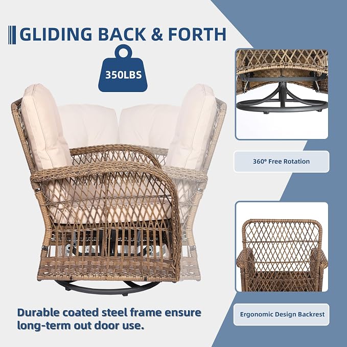 7-Piece Wicker Patio Furniture Sets Outdoor All-Weather Rattan Conversation Set Includes Glider Loveseat, 2 Glass-Top Coffee Tables, 2 Swivel-Rocker Chairs for Porch Backyard, Light Brown