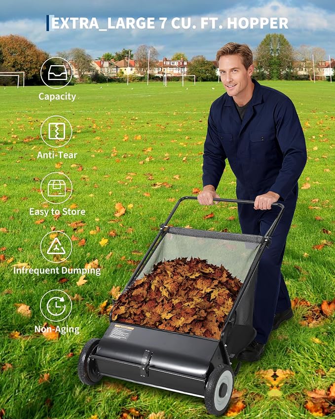 Takywep 26-Inch Push Lawn Sweeper, Anti-Rust Steel Frame, 4 High-Density Brushes, Adjustable Height, 7 Cu.Ft Collection Bag for Yard Debris (Black)