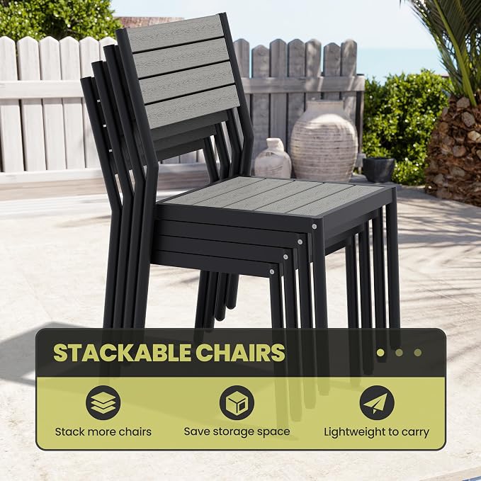 11 Pieces Outdoor Patio Dining Set, 95" Aluminum Table and Stackable Chairs | Adjustable Umbrella Hole & Wood Grain Tabletop for Garden, Patio, Backyard (Grey)