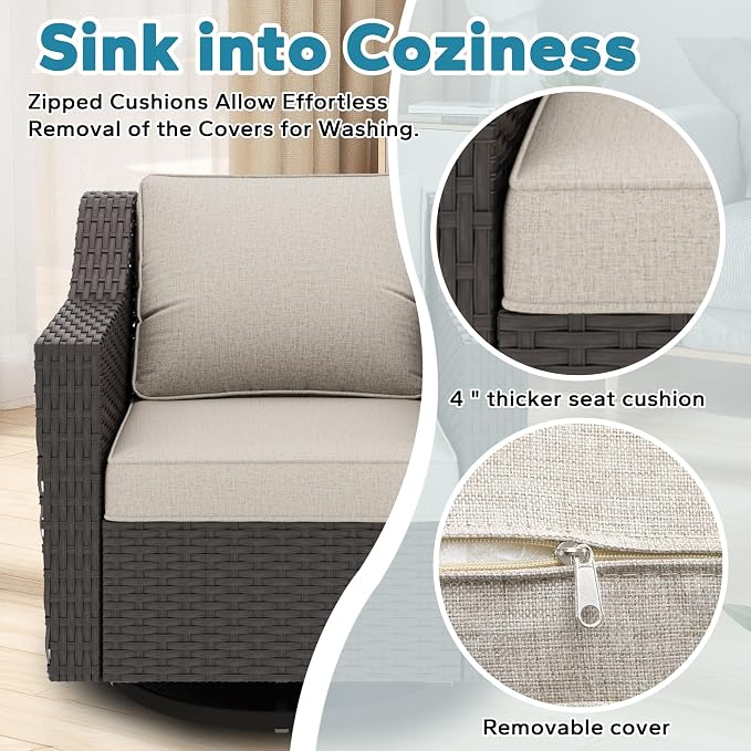 8 Pieces Patio Conversation Furniture Set - 1 Sofa, 2 Ottomans, 2 Armchairs, 2 Swivel Chairs, 1 Side Table, Outdoor Wicker Furniture with Removable Cushions for Porch, Sunroom (Beige)