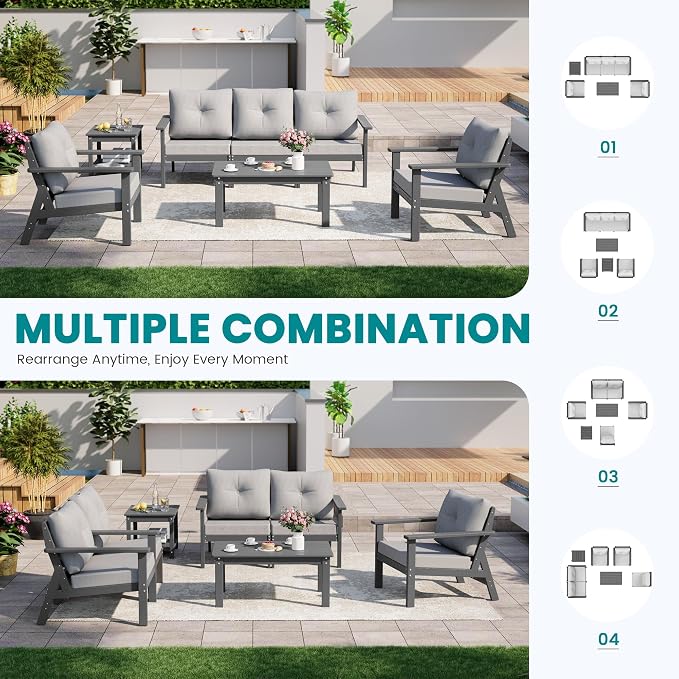 7-Piece HDPE Patio Furniture Set, Outdoor Sectional Sofa Set,All Weather Outdoor Couch with Dust-Free Cushions, Durable Patio Conversation Sets for Balcony, Porch, Gray