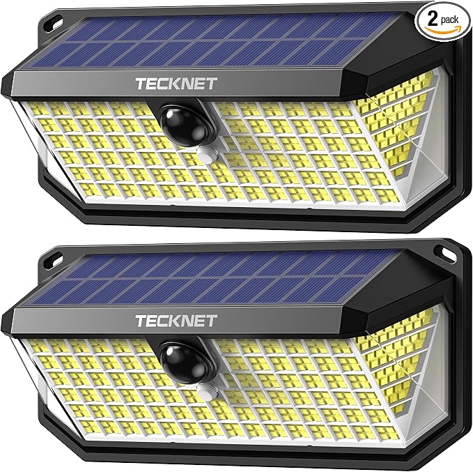 TECKNET 416 LED Solar Lights Outdoor Motion Sensor Waterproof 4200lm,2 Pack | IP66 Waterproof, 300° Wide Angle & 3 Modes Motion Sensor Solar Flood Wall Lights for Patio, Fence, Deck, Garage & Street