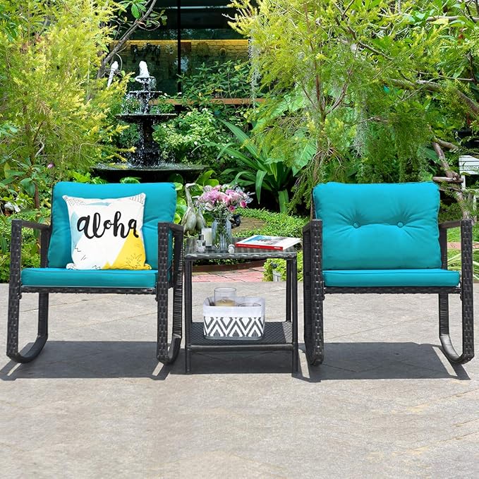 Tangkula 3 Pieces Patio Wicker Rocking Bistro Set, Outdoor Rocking Chair Furniture Set w/Cushioned Seat, Conversation Set w/Glass Coffee Table and Storage Shelf (Turquoise)