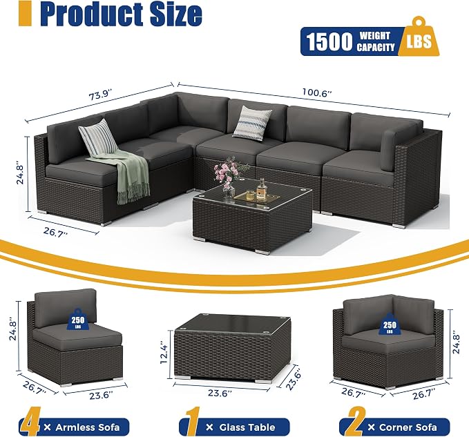 8 Pieces Outdoor Patio Furniture Set with Waterproof Cover, Black Brown Wicker Patio Sectional Sofa Set, Outdoor Couch with Cushion and Tempered Glass Table, Grey