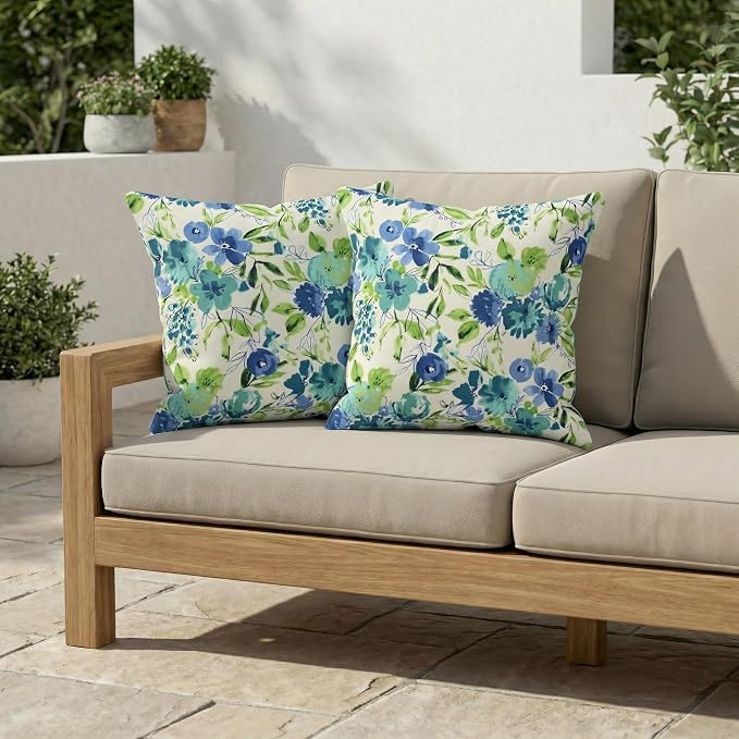 RSH DECOR Square Throw Pillows Set of 2, 17" x 17", Outdoor Pillows Waterproof, Outdoor Pillow Covers, Pillow Covers for Couch, Bettina Aqua, Made in USA