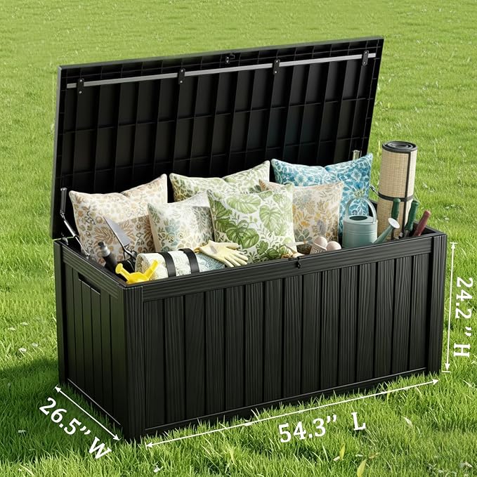 MAKINO 152 Gallon Resin Outdoor Storage Box, Waterproof Deck Box with Lockable Lid, Outside Storage Box for Patio Furniture, Pool Accessories, Garden Tools, Storage Bench for Backyard, Porch, Black
