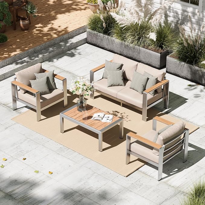 Aluminum Outdoor Patio Furniture Set with Coffee Table, 4 Piece Patio Conversation Sets with Washable Thick Cushions, Outdoor Sectional Furniture Set for Porch, Balcony, Deck, Yard, Silver