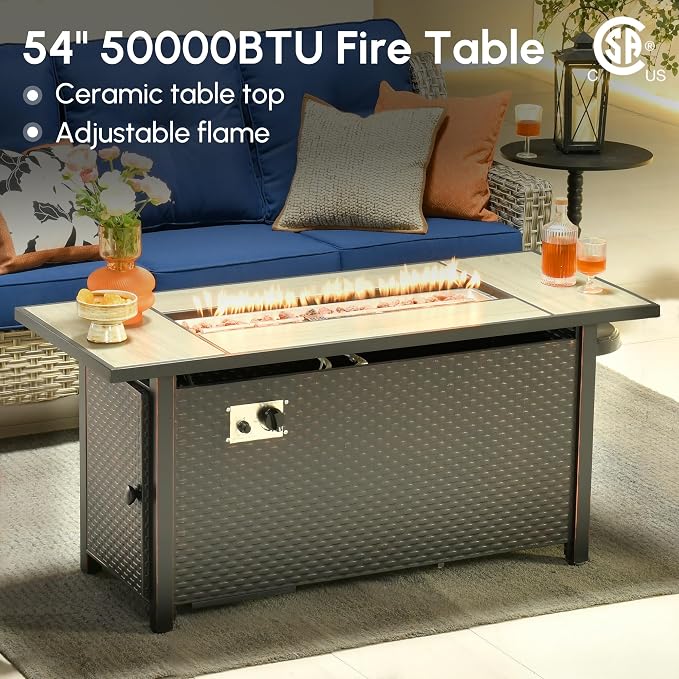 10 Pcs Outdoor Sectional Patio Furniture Set with Fire Pit Table and Swivel Rocking Chairs - All Weather Wicker Modular Outside Sectional Couch,Patio Seating Outdoor Conversation Sets,Navy Blue
