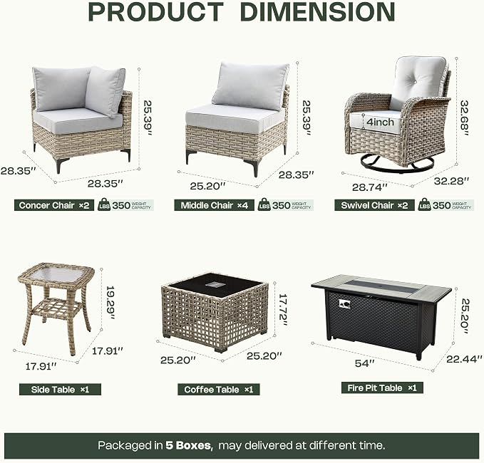 11 Piece Patio Furniture Set Outdoor Sectional with 54" Fire Pit Table, Swivel Rocking Chairs and L-Shaped Rattan Couch, Modular Conversation Set with Solar Coffee Table for Deck, Light Gray