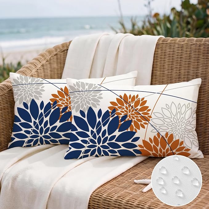 OTOSTAR Outdoor Dark Blue Orange Pillow Covers 12x20 Inch Set of 2 Beige Flower Throw Pillows Farmhouse Geometric Dahlia Floral Lumbar Cushion Case Waterproof Decor for Sofa Patio Funiture Garden