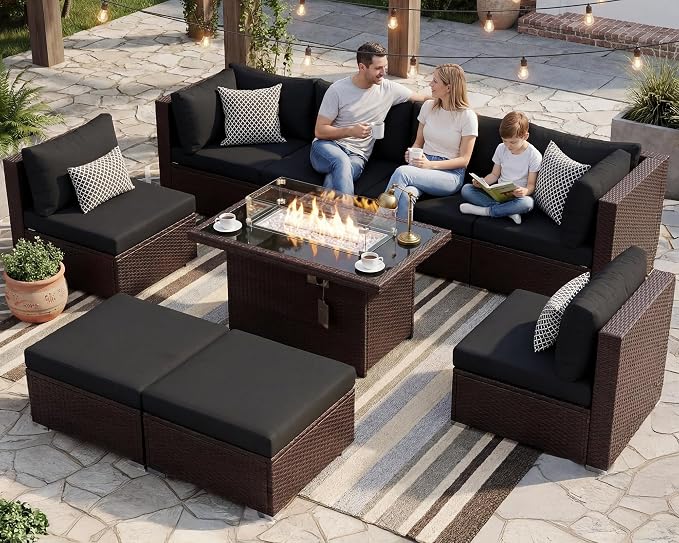 BULEXYARD 9 Piece Highback Patio Furniture Set with Fire Pit Table, Modern Modular Outdoor Sectional Couch Sofa with Ottoman, 8-Person Backyard Seating for Outside, Deck, Brown Wicker & Black Cushion