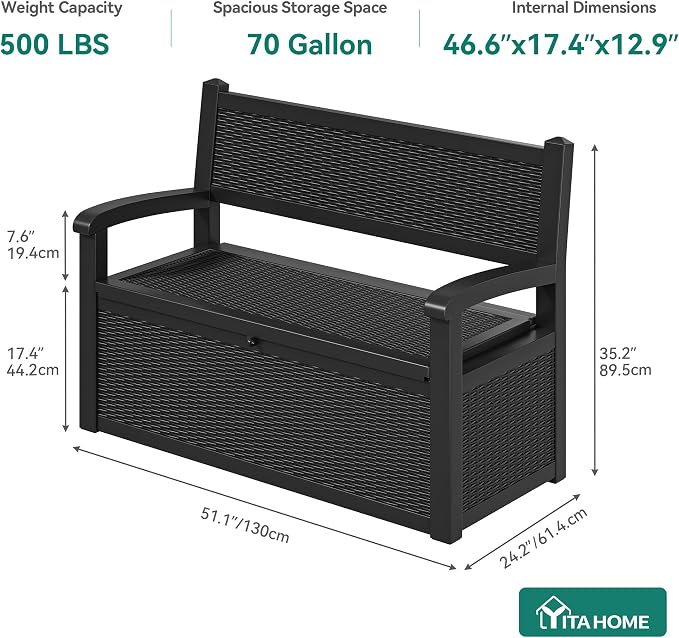 YITAHOME 70 Gallon Deck Bench with Storage, Outdoor Storage Box Bench with Armrests for Patio Garden Pool Porch, Waterproof&Lockable, Black