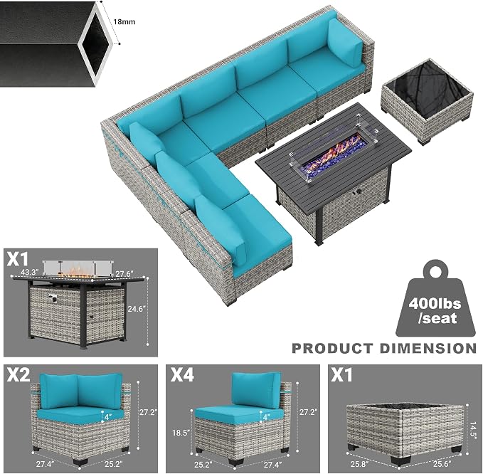 8-Piece Modern Patio Conversation Set with 55,000 BTU Fire Pit Table, Thick Cushions, Dual-Strand Wicker Rattan, Rust-Resistant Frame, Lake Blue