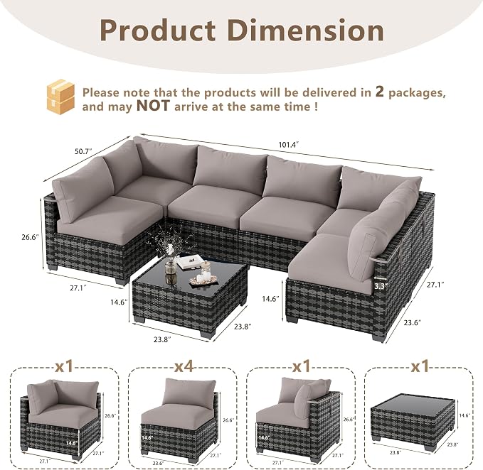 LOUVIXA 7 Piece Outdoor Patio Furniture Set, Outdoor Sectional Sofa, Wicker Rattan Patio Furniture, Patio Conversation Set with Coffee Table & Cushions