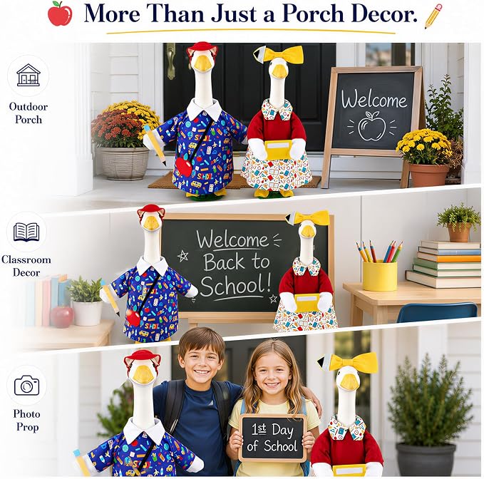 2 Set Back to School Porch Goose Outfit for 23" Cement Goose Statues | Concrete Plastic Classroom Geese Clothes with Apple Bag, Bow & Dress for Indoor Outdoor Yard Garden Patio Decor