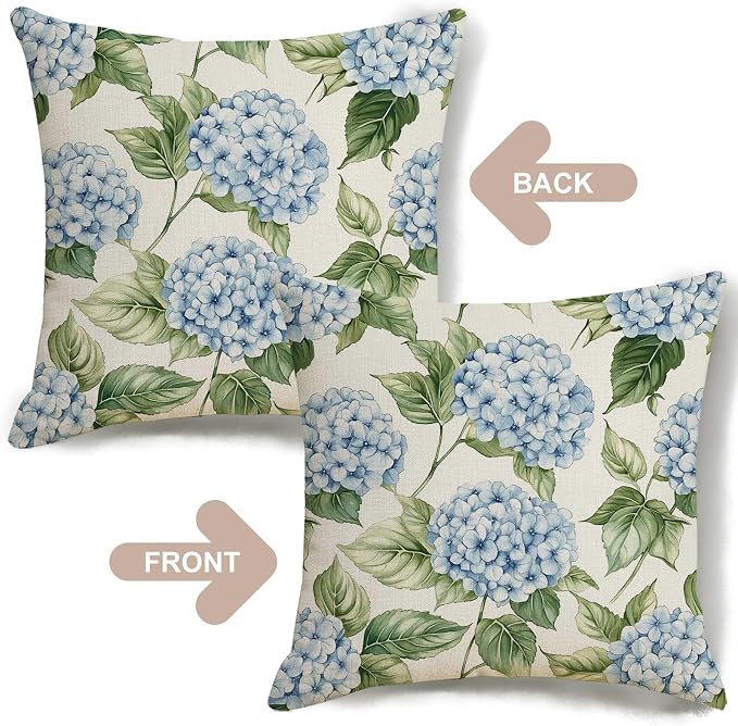 Blue Hydrangea Outdoor Throw Pillow Covers 18x18 inch Set of 2 Waterproof Floral Pillow Cases Flower Decorative Cushion Covers for Patio Garden Spring Decor