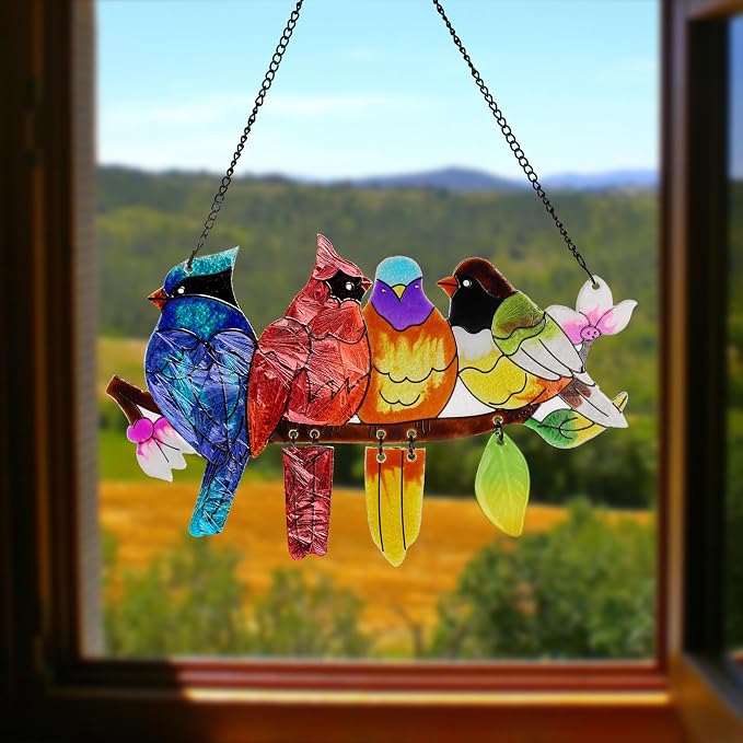 DASTOLL Stained Glass Window Hanging, Birds on A Branch Stain Glass Suncatcher, Hand-Painted Sun Catchers Indoor Window Decoration Bird Lover Gift for Mom, Grandma, Stocking Stuffers for Women