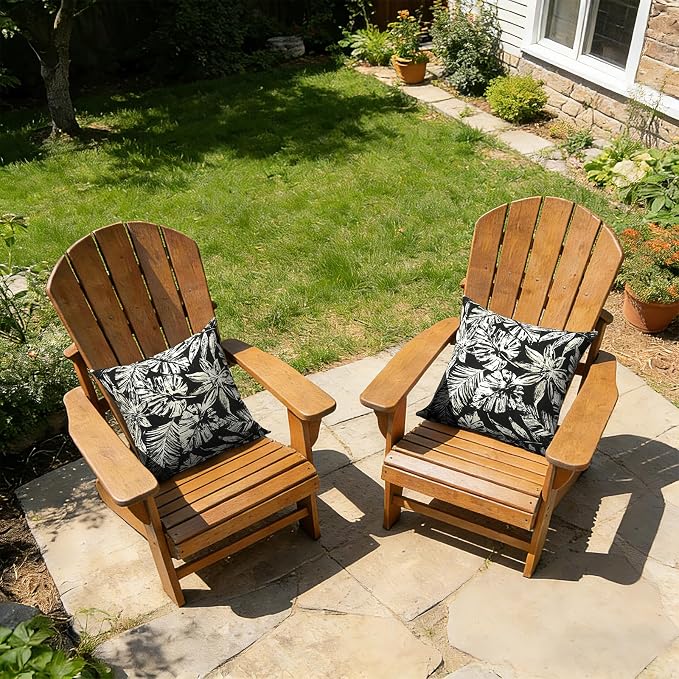 Outdoor Pillows with Insert 16x16 Inch, Waterproof Throw Pillow for Patio Furniture, Decorative Back Cushion for Garden Home Sofa Office Chair, Set of 2, Tropical Leaf Black