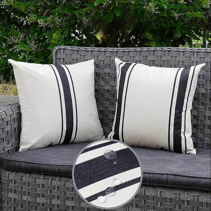 ONWAY Outdoor Pillow Covers Waterproof 18x18 Set of 2 Decorative Linen Throw Pillow Cover Beige and Black Striped Outdoor Pillows for Patio Furniture