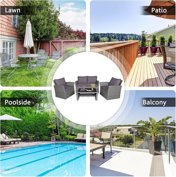 RELAX4LIFE 4-Piece Patio Conversation Seat - Wicker Sofa Set w/Seat & Back Cushions, Coffee Table w/Tempered Glass Tabletop, Outdoor Rattan Sofa Set for Backyard, Porch (Grey)