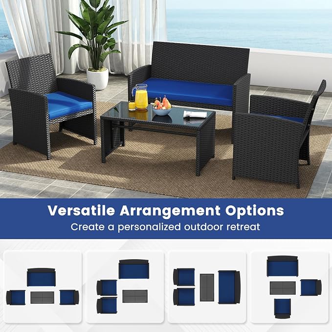 Tangkula 4 Pieces Patio Wicker Furniture Set, Outdoor Heavy Duty Rattan Cushioned Chairs, Loveseat and Tempered Glass Coffee Table, for Backyard, Balcony, Poolside