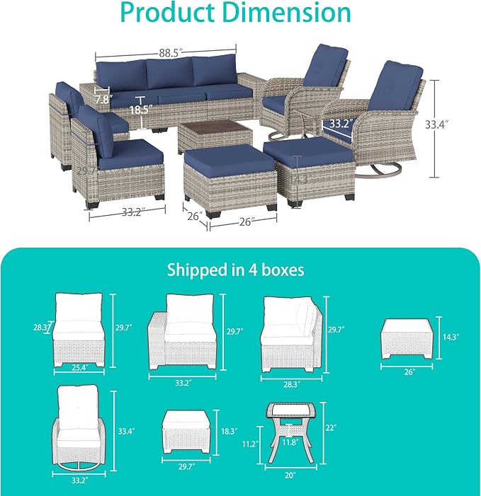 11-Piece Outdoor Patio Furniture Set with Rocking Swivel Chair Wicker Sectional Sofa Set, Patio Conversation Set with Ottomans & Coffee Table for Garden, Backyard, Poolside, Navy Blue