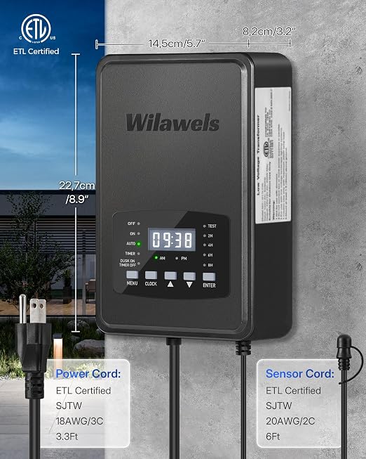 300W Low Voltage Landscape Transformer, Weatherproof Outdoor Low Voltage Transformer, 120V AC to 12/14V AC, Landscape Lighting Transformer with Timer and Photocell Sensor, ETL Listed D12LT06