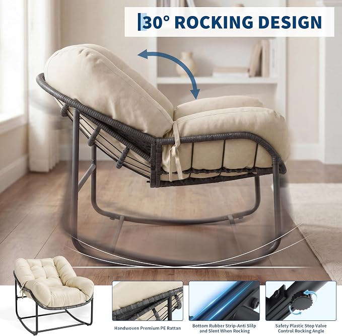 GarveeLife Outdoor Lazy Rocking Chair, Single Metal Rocker with Comfortable Seat, Beige, for Patio Porch Balcony, Relaxation